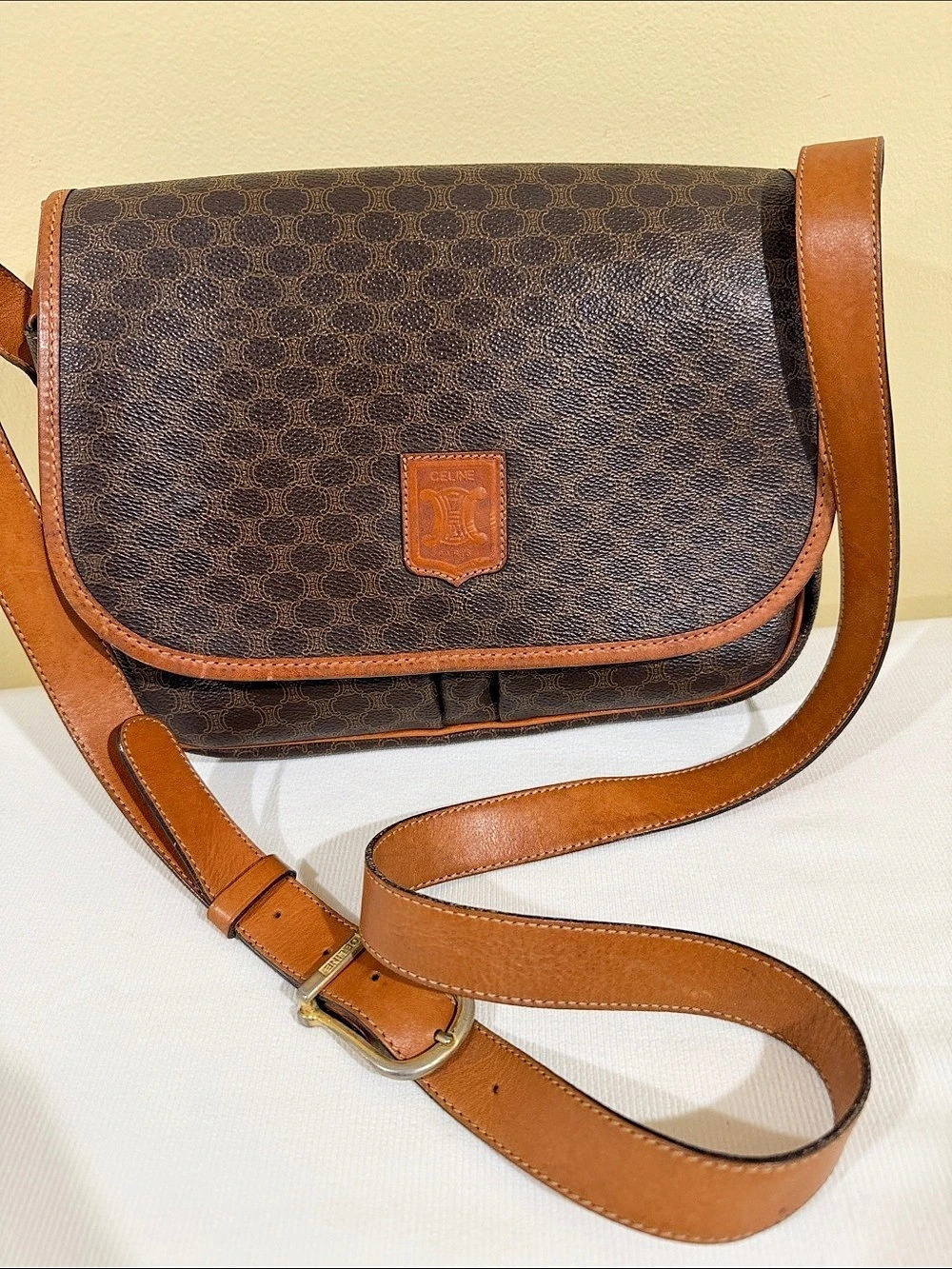 Celine Vintage Macadam Flap Shoulder Bag Brown & Tan Celine Crossbody Authentic✨